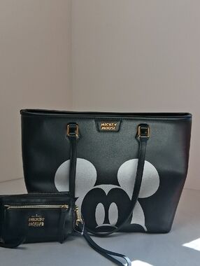 Disney Mickey Mouse Tote With Mickey Mouse Wristlet, Both Black PU Leather